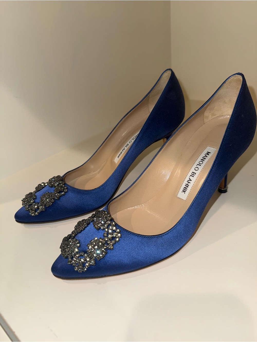 Manolo Blahnik Royal Blue Satin Crystal-Embellished Pointed-Toe Pumps - Picture 2 of 11